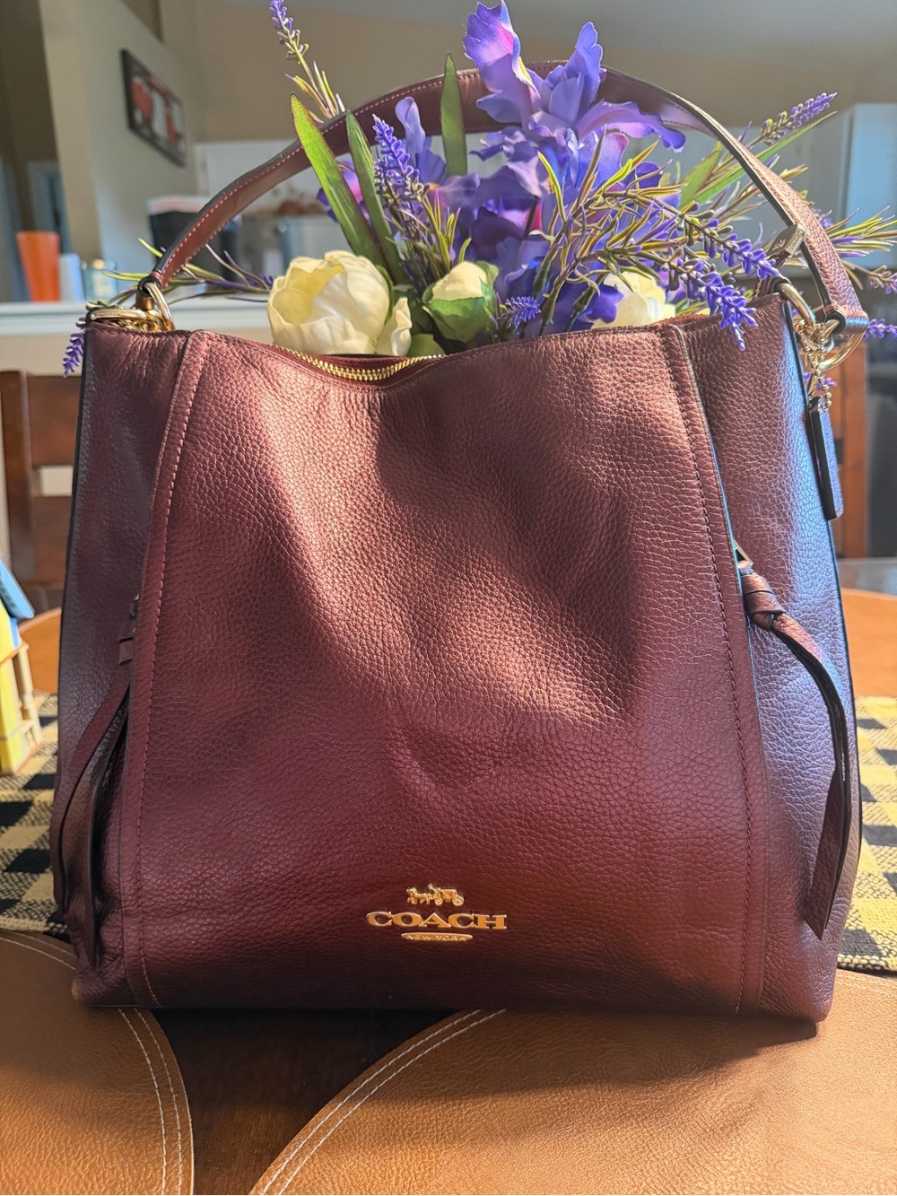 Coach 2019 Metallic Burgundy Pebbled Leather Shoulder Bag Gold Hardware F87825